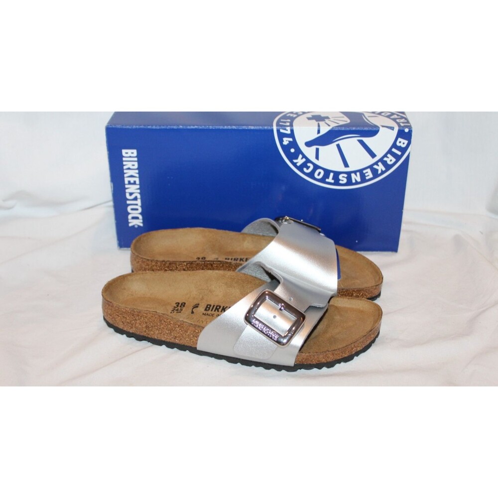 Birkenstock Women Madrid Big Buckle Suede Sandals Silver EU 38 Narrow